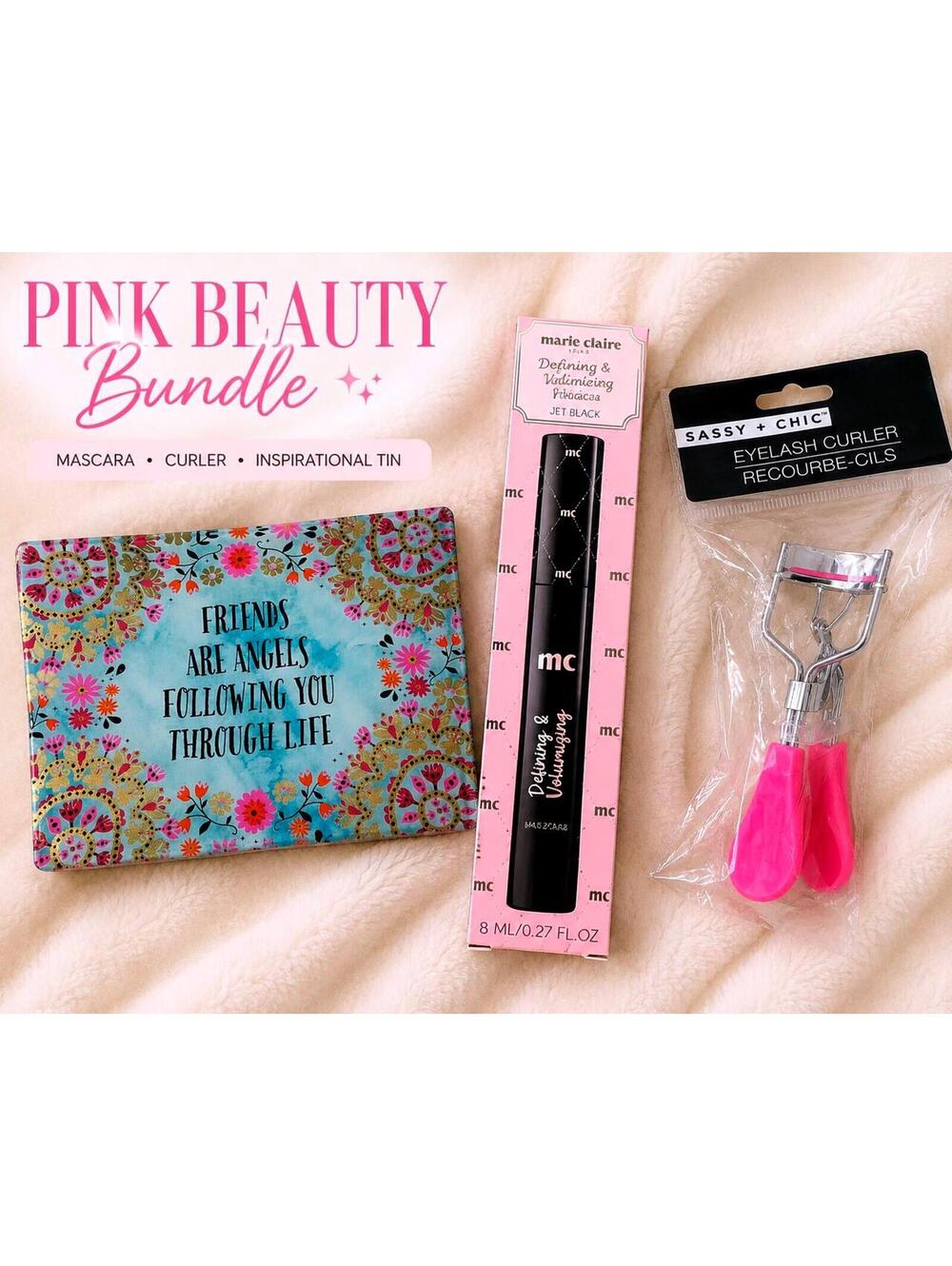 Pink Beauty Bundle Mascara Eyelash Curler Inspirational Keepsake Tin Gift Set